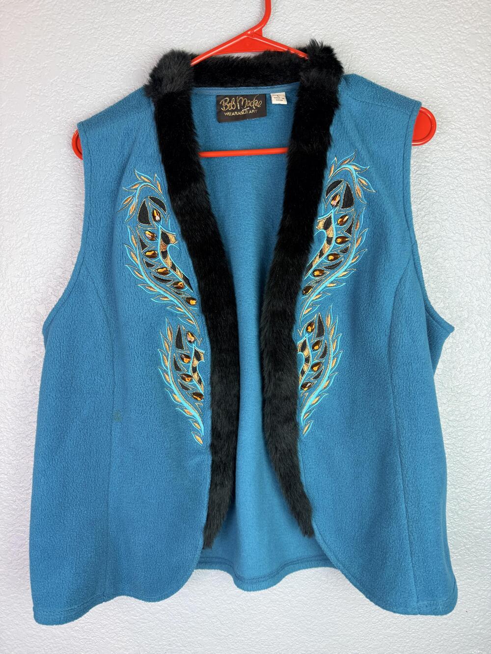 Bob Mackie Wearable Art Vest Womens Large Blue Fleece Fur Peacock Rhinestone